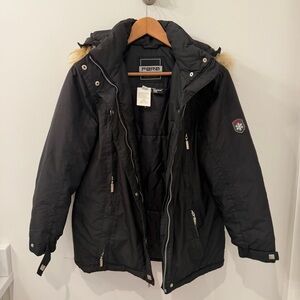 Women’s Black Fera Ski Parker Puffer Jacket w/ Removable Fur Trim Hood Size 6